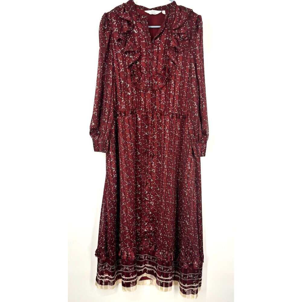 NWOT &Other Stories Ruffle Yoke Waist Tied Dark Red Printed Maxi Dress 4